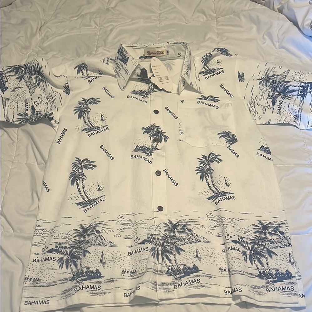 Shoreline Bahamas Print White and Blue Men's Shirt